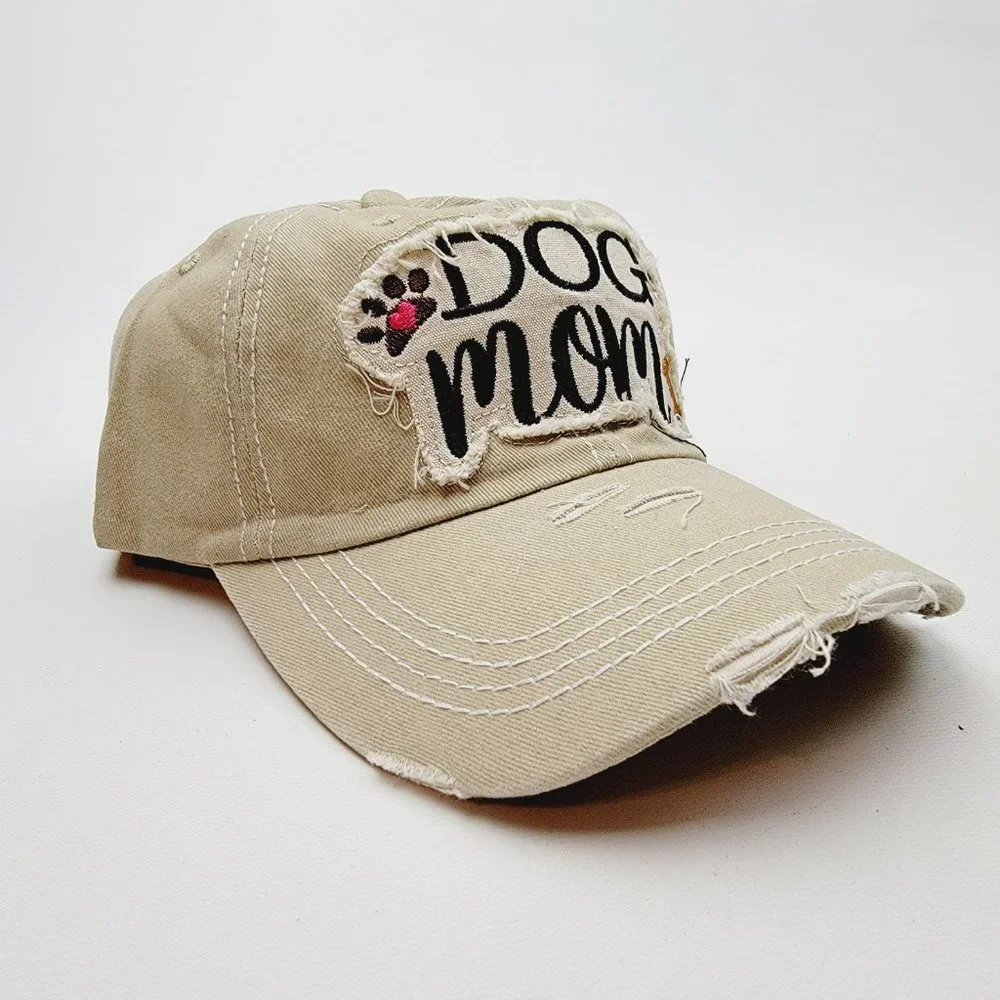 Dog Mom Distressed Relaxed Buckle Strap Full Cover Baseball Hat Cap Tan